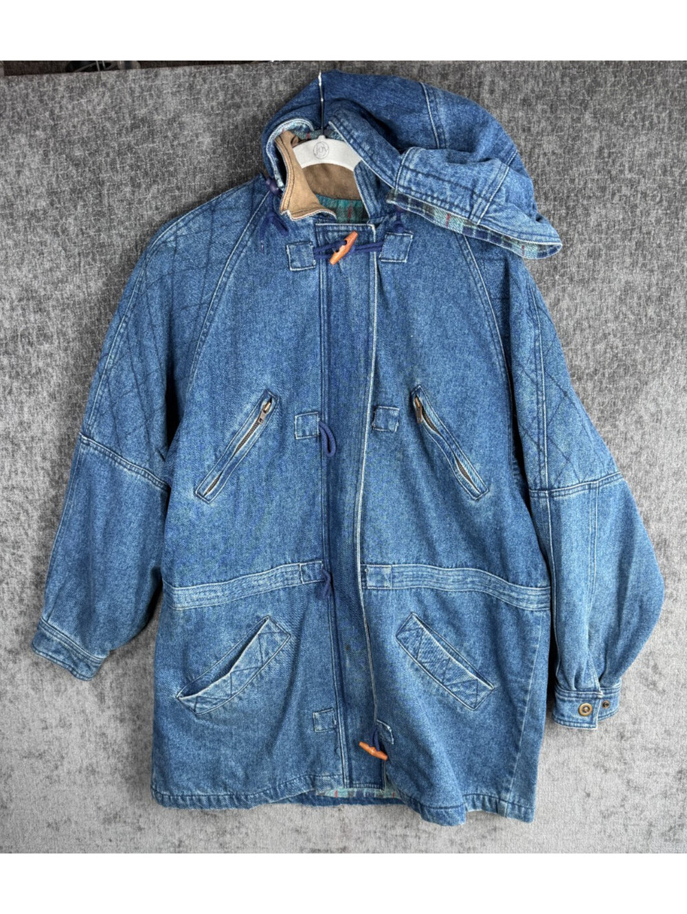 VTG Pacific Trail Denim CHORE Coat Jacket Mens L Plaid Lined Toggle Hooded READ